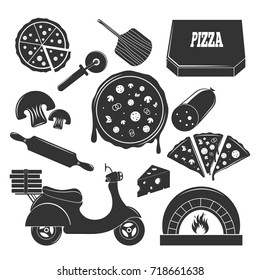 Pizza vintage elements set of flat isolated motorbike pizza slices with filler and flatware monochrome images vector illustration