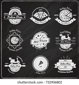 Pizza vintage emblems chalkboard set with decorative text and images of italian pizza pieces and fast delivery  vector illustration