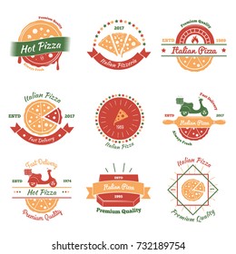 Pizza vintage emblems color set with nine flat isolated images for fast food pizzeria and delivery vector illustration