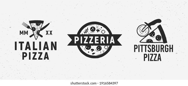 Pizza vintage hipster logo set. Vintage logo for pizzeria, restaurant, cafe. Emblems with pizza, pizza slice, fork and knife, round knife for pizza. Vector illustration