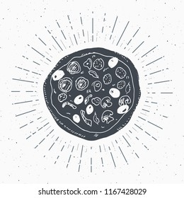 Pizza vintage label, Hand drawn sketch, grunge textured retro badge, typography design t-shirt print, vector illustration .