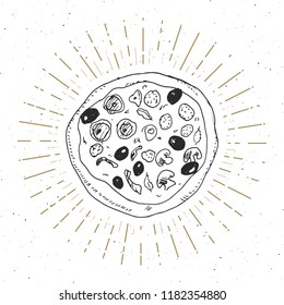 Pizza vintage label, Hand drawn sketch, grunge textured retro badge, typography design t-shirt print, vector illustration .