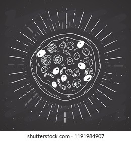 Pizza vintage label, Hand drawn sketch, grunge textured retro badge, typography design t-shirt print, vector illustration on chalkboard background.