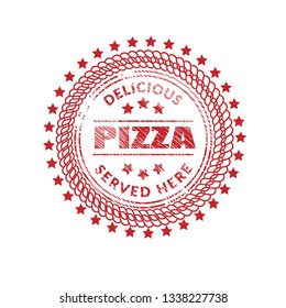 Pizza vintage label - sticker,emblem,seal,rubber stamp.Pizza  - served here,delicious.