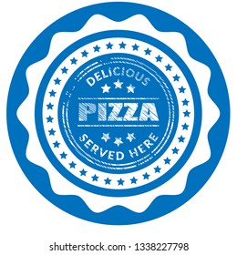 Pizza vintage label - sticker,emblem,seal,rubber stamp.Pizza  - served here,delicious.