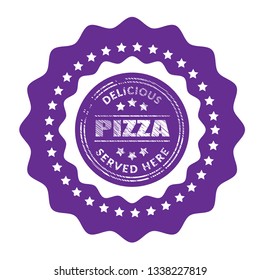 Pizza vintage label - sticker,emblem,seal,rubber stamp.Pizza  - served here,delicious.