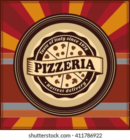 Elementos de diseño vectorial plantilla para la etiqueta del logotipo del restaurante pizzería o del menú pizzería. En el fondo retro vintage.