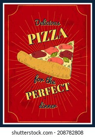 Pizza vintage retro sketch style poster in red color for restaurant vector illustration