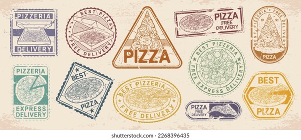 Pizza vintage set stickers colorful for pizzerias and cafes of traditional Italian cuisine or restaurants with delivery service vector illustration