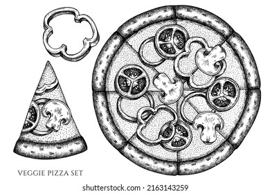 Pizza vintage vector illustrations collection. Black and white veggie pizza.