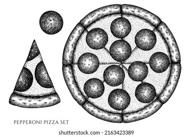 Pizza vintage vector illustrations collection. Black and white pepperoni pizza.