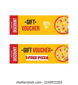 Pizza Voucher Banner. Free Pizza Coupon For Bar, Cafe, Restaurant. Color Flat Discount With Tasty Italian Pizza And Sign 50% Off.