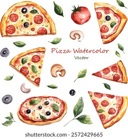 Pizza Watercolor Illustration, Slice of Pizza, Tomato, Mushroom, Peppery arugula | Vector