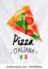 Pizza watercolor poster hand drawn with stains and smudges italiana.