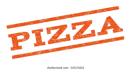 Pizza watermark stamp. Text caption between parallel lines with grunge design style. Rubber seal stamp with scratched texture. Vector orange color ink imprint on a white background.