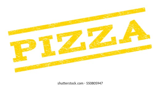 Pizza watermark stamp. Text tag between parallel lines with grunge design style. Rubber seal stamp with dust texture. Vector yellow color ink imprint on a white background.