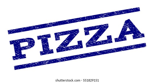 Pizza watermark stamp. Text tag between parallel lines with grunge design style. Rubber seal stamp with dust texture. Vector navy blue color ink imprint on a white background.