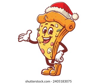 Pizza wearing a Christmas hat cartoon mascot illustration character vector clip art