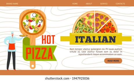 Pizza web banner, restaurant website vector illustration. Italian pizzeria food design, tasty cafe menu background template page. Fast food