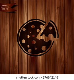 Pizza web icon. Wooden texture