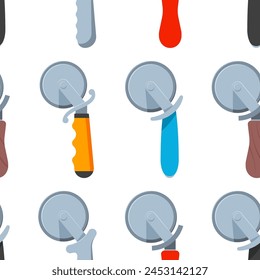 Pizza wheel cutter vector cartoon seamless pattern.