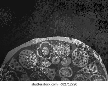 Pizza white grunge cartoon illustration with spotted halftones black background. Italian whole pizza with ingredients salami, cheese, mushroom, olive, basil, tomato, paprika. Dots paint spray effect.