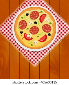 Pizza in White Plate on Kitchen Napkin at Wooden Boards Background Vector Illustration EPS10