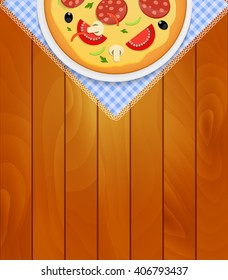 Pizza in White Plate on Kitchen Napkin at Wooden Boards Background Vector Illustration EPS10