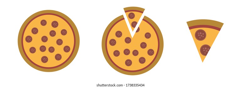 Pizza whole and with one cut piece. Fast food. Vector isolated illustration set.