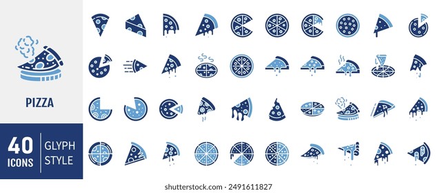 Pizza whole, slices glyph icons set isolated on white. Cooking, baking, packaging, delivery flat pictograms collection. Ingredients, cutting, bakery food vector elements for infographic, web.