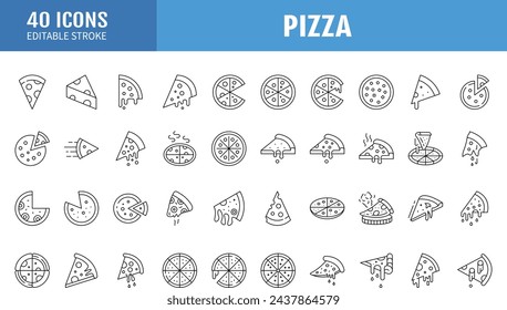 Pizza whole, slices thin line icons set isolated on white. Cooking, baking, packaging, delivery outline pictograms collection. Ingredients, cutting, bakery food vector elements for infographic, web.