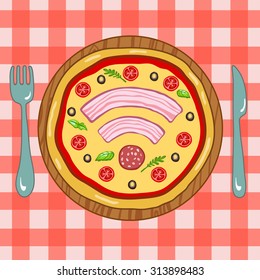 pizza and wi-fi on a red tablecloth