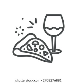 Pizza und Wein Icon. Dünne Linie Illustration von Pizzaschnitte mit Weinglas und Funkeln, symbolisierende Gourmet-Paarung, elegantes Abendessen und festlichen Toast.
