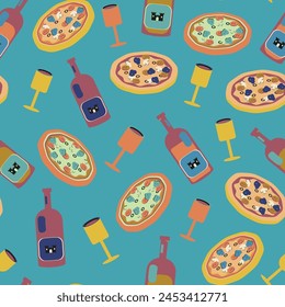 Pizza and Wine Party Pattern - 3D vector art on blue background. Did someone order pepperoni?