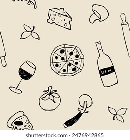 Pizza y vino patrón sin fisuras en fondo neutro. Fondo minimalista de ilustraciones hechas a mano. Textura para papel de envolver, telas, diseños de redes sociales y artículos de papelería.