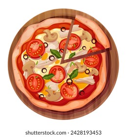 Pizza in wooden board top view with salami, olives, tomato and mushrooms isolated on white background. Whole pizza with cheese, tasty italian food.