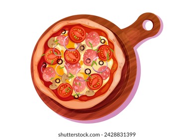 Pizza in wooden board top view with salami, olives, tomato and mushrooms isolated on white background. Whole pizza with cheese, tasty italian food.