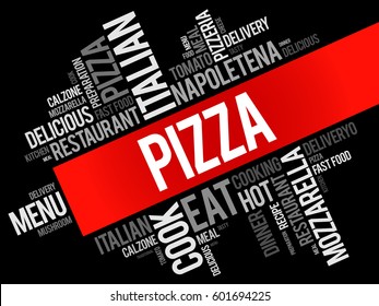 PIZZA word cloud collage, food concept background