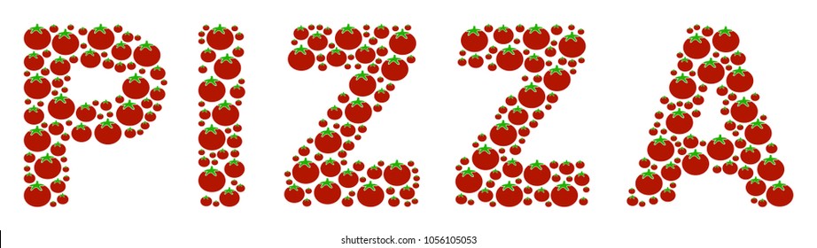Pizza Word mosaic of tomato vegetables. Vector tomato vegetable objects are composed into pizza word shape. Organic vector illustration.
