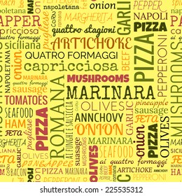 Pizza words, tags. Seamless pattern on the yellow background