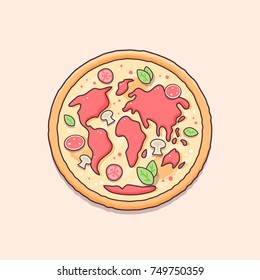 Pizza with world map shaped stuffing vector illustration