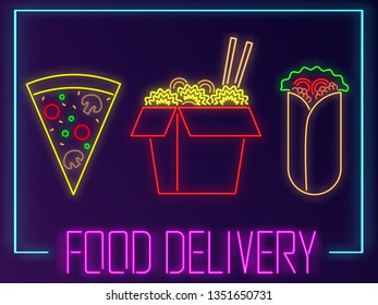 Pizza, wox and shawarma neon signs with text Food Delivery on dark background. Light banner. Vector illustration
