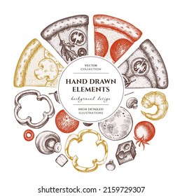 Pizza wreath design. Hand drawn greek, margherita, pepperoni, veggie, ham and mushrooms and seafood pizzas.