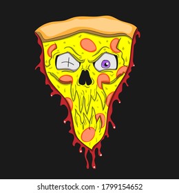 Pizza zombie cartoon character isolated on black background. Vector image eps 10