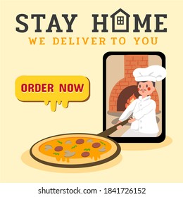 Pizza,fresh bake,online delivery.Online pizza order on smartphone.Pizza Delivery Website Banner in Flat Linear Vector Style.Food delivery service.Served by Chef.Stay home.order now.