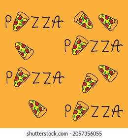 pizza-hand drawn lettering with pizza slices illustration on orange background. repeat pattern, hand drawn vector. fast food icon. doodle art for wallpaper, poster, banner, sticker, clipart, cover. 