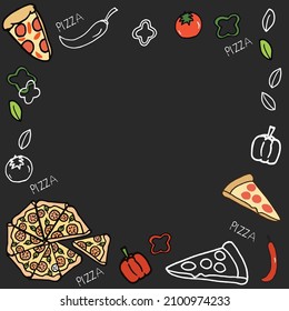 pizza-hand drawn lettering with red chilli, tomato, bell pepper, basil leaf, paprika and pizza slice illustration. chalkboard concept. doodle art for wallpaper, poster, banner, flyer, brochure, cover.