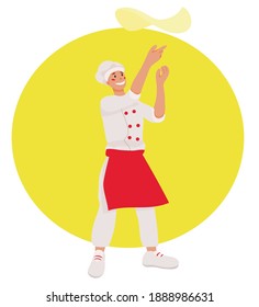 Pizzaiolo (pizza maker) prepares pizza dough. logo for a pizzeria, business of cafes and restaurants, a sticker for products. mascot. vector flat. isolated.