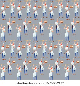 Pizzaiolo (pizza maker). Two men prepare pizza. Pizzaiolo prepares a pizza dough. Baker holds pizza on long shovel. Seamless background pattern. Vector illustration. 