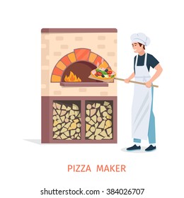 Pizzaiolo saca la pizza acabada del horno de piedra con fuego. Pizzaiolo. Joven de profesión pizzaiolo. Ilustración vectorial de pizza de cocina.